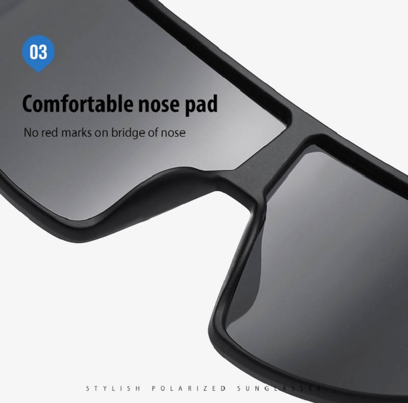 Close-up of comfortable nose pad on black sports eyewear with UV400 polarized lenses, ensuring no red marks on nose.